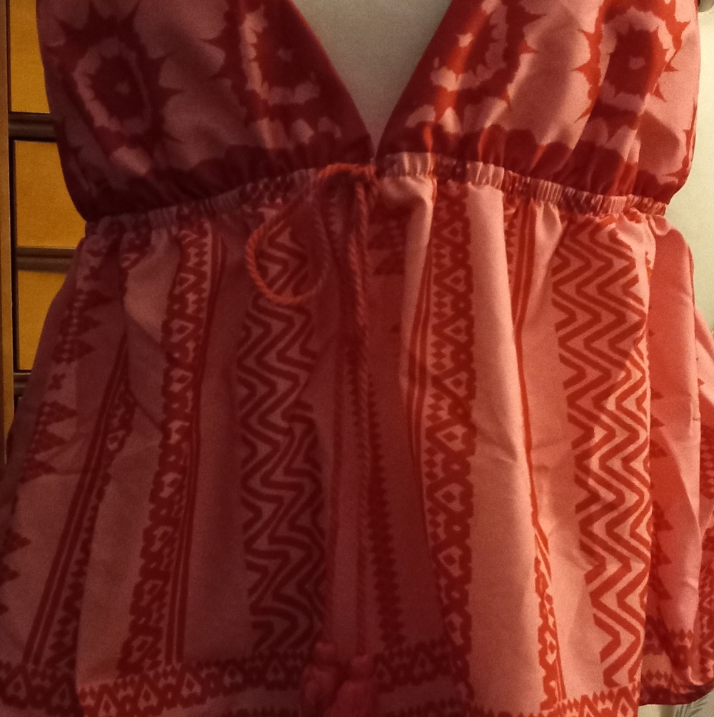 New,tag boho deep pink with rose pattern paisley halter top,empire waist,size L.